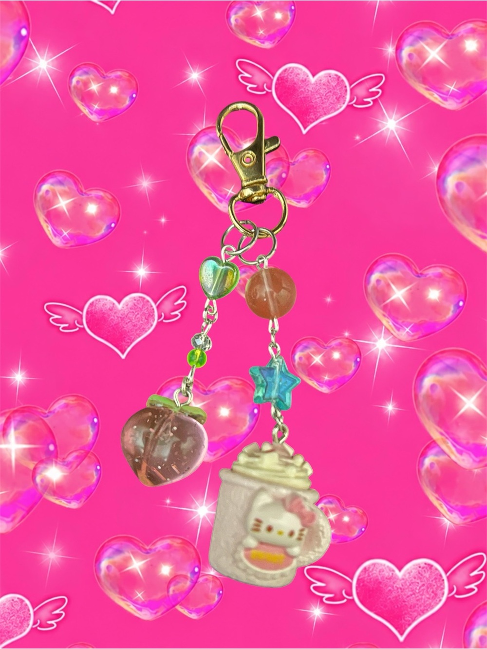 Kawaii Strawberry & Milkshake Charm Keychain - Pink, Cream, Green, Blue